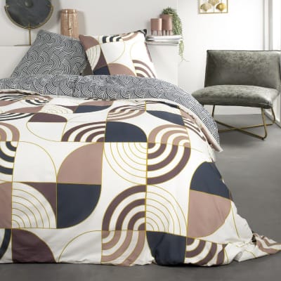 Parure de lit coton 2 personnes imprimé graphique  220x240 cm blanc
