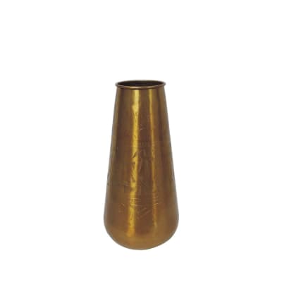Vase cylindrique en aluminium doré motifs gravés h33 cm