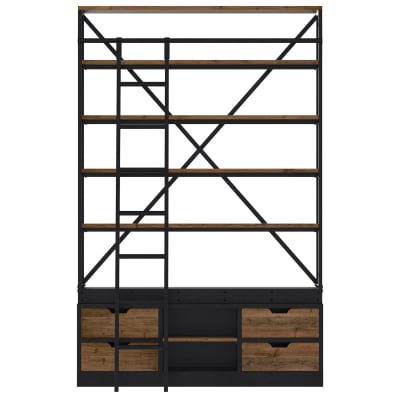 Bibliothèque 160 cm en bois et métal avec échelle, 4 tiroirs
