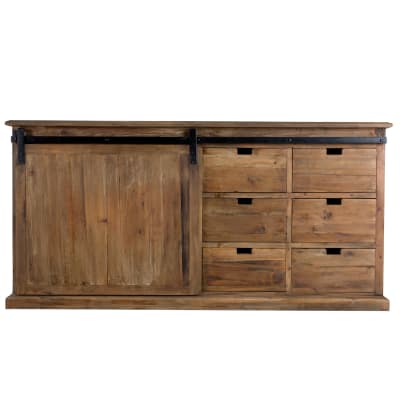 Buffet en bois recyclé, 6 tiroirs et 1 porte coulissante