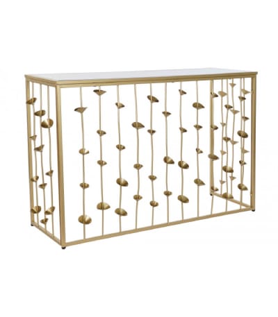 Console en métal doré et plateau miroir fleurs 126x43x81cm