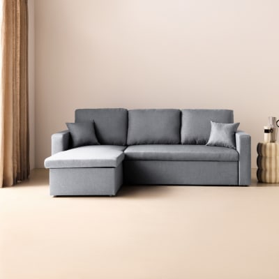 Canapé d'angle convertible 3 places en tissu gris clair
