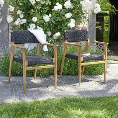 2 fauteuils de jardin en teck massif et cordage noir