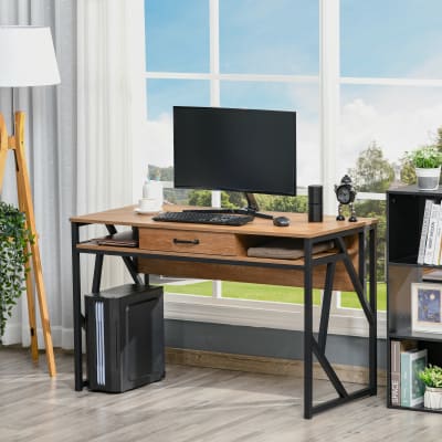 Bureau style industriel tiroir 2 niches métal noir aspect bois noyer
