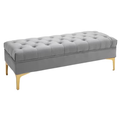 Banquette capitonnée style classique métal doré velours gris clair