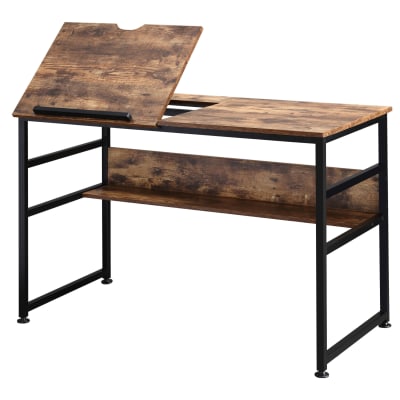 Bureau industriel plateau relevable étagère aspect bois métal noir