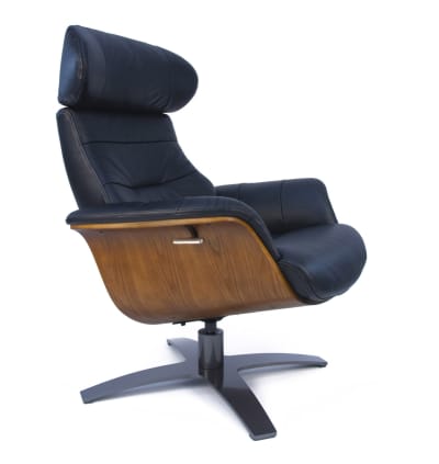 Fauteuil de relaxation en cuir noir et bois chêne naturel