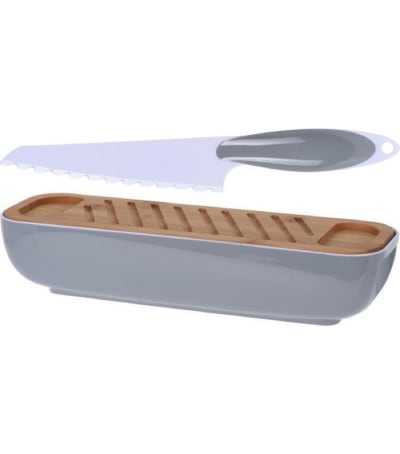 Boîte à pain grise avec planche à découper et couteau