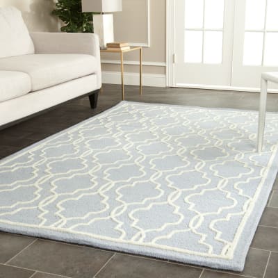 Tapis géométrique en laine bleu/blanc, 91 x 152 cm