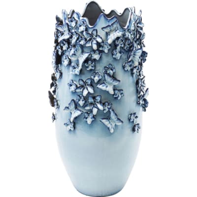 Vase papillons et fleurs en grès bleu h50