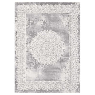 Tapis oriental motif ethnique, idéal pour une entrée, gris 60x110