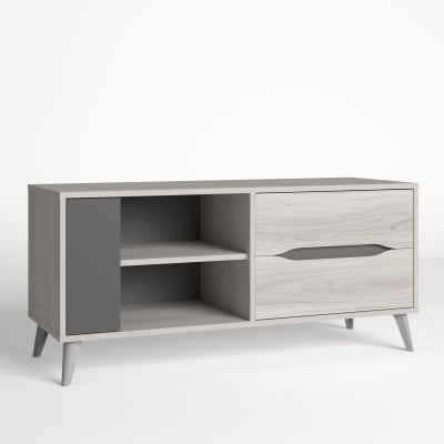 Meuble tv salle à manger couleur chêne/gris, 1 porte et 2 tiroirs