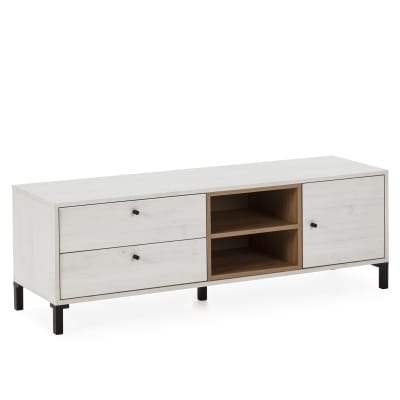 Meuble tv 2 tiroirs et 1 porte, couleur blanc/bois, 136,5 cm longueur
