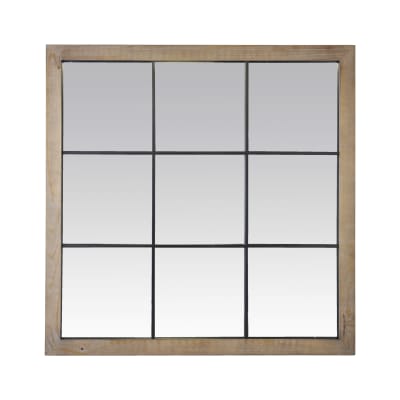 Miroir industriel carré bois effet fenêtre 9 vues 100x100cm marron