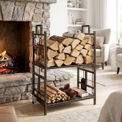 Serviteur de cheminée cerf range bûche 2 étagères 4 accessoires métal
