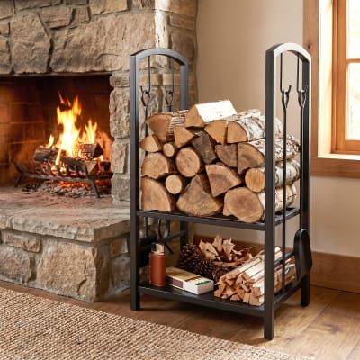 Serviteur de cheminée range bûche 2 étagères 4 accessoires métal noir