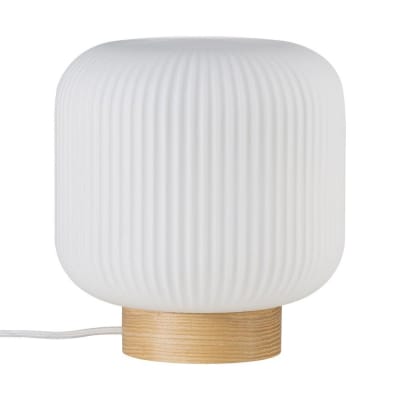 Lampe de table avec socle en bois et abat-jour en verre