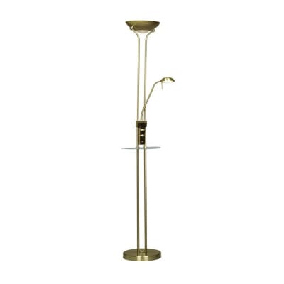 Lampadaire LED 18W+5W en métal couleur cuir avec étagère en verre