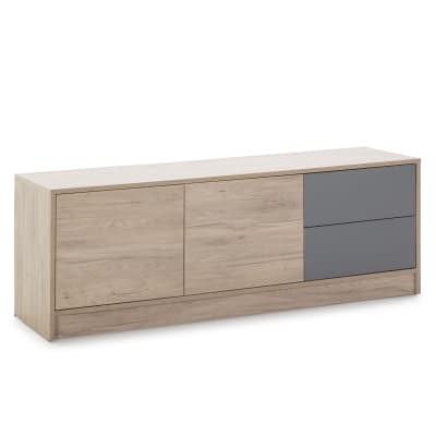 Meuble tv 2 tiroirs, 2 portes, couleur bois et gris, 136 cm longueur