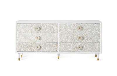 Commode en bois de manguier blanc avec détails dorés