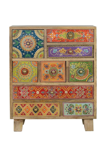 Commode multicolore en bois de manguier peint à la main