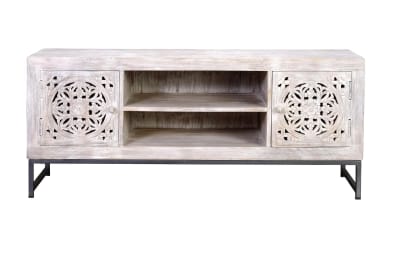 Meuble tv manguier et pieds métal blanc vieilli
