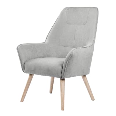 Fauteuil tapissé gris clair avec dossier haut et pieds en chêne