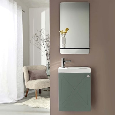 Meuble lave-mains  vert de gris + miroir tablette blanche + rob chromé