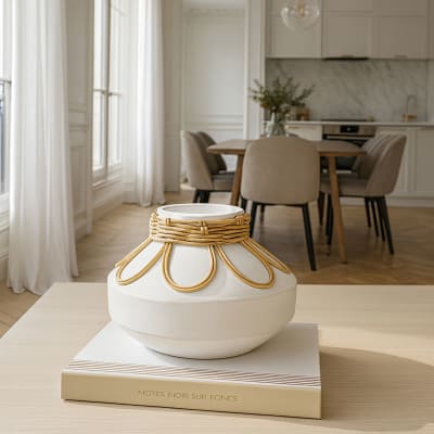 Vase en béton et rotin blanc h16cm