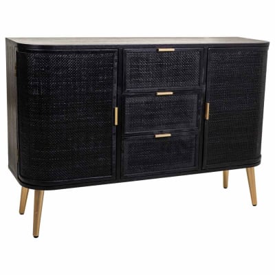 Buffet bois et rotin noir et doré 115x35x77cm