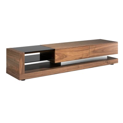 Meuble tv noyer, acier poli et plateau en verre noir