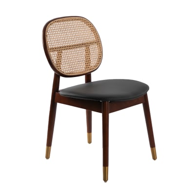 Chaise en rotin, simili cuir et pieds effet bois noyer