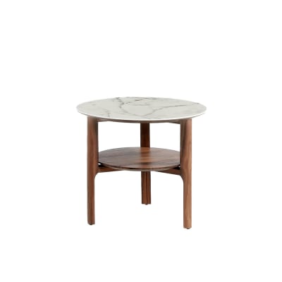 Table d’appoint ronde en verre effet marbre et noyer