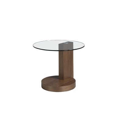 Table d'angle ronde en verre trempé et noyer