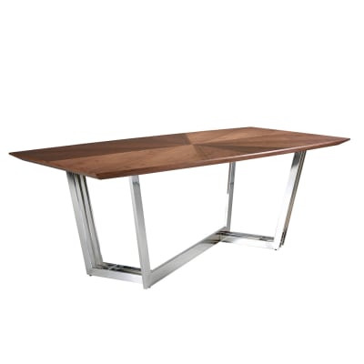 Table à manger effet bois noyer et acier chromé