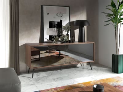 Buffet effet bois noyer et verre miroir noir