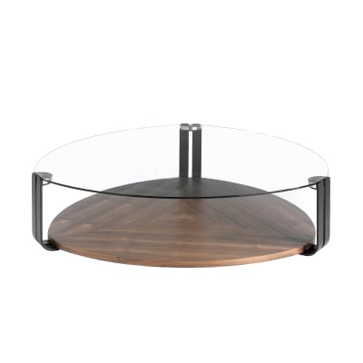 Table basse triangulaire en verre trempé, acier noir et noyer