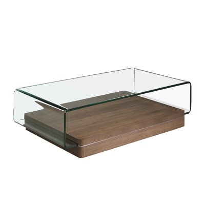 Table basse rectangulaire en verre trempé et noyer