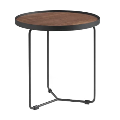 Table d'appoint ronde effet bois noyer et acier noir