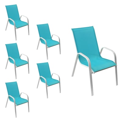 Lot de 6 chaises en textilène bleu et aluminium blanc