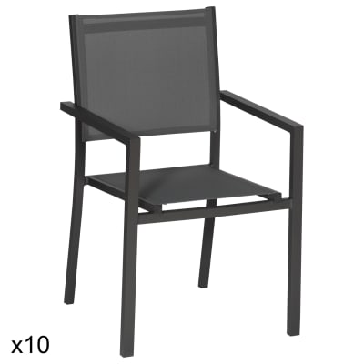 Lot de 10 chaises en aluminium anthracite et textilène gris