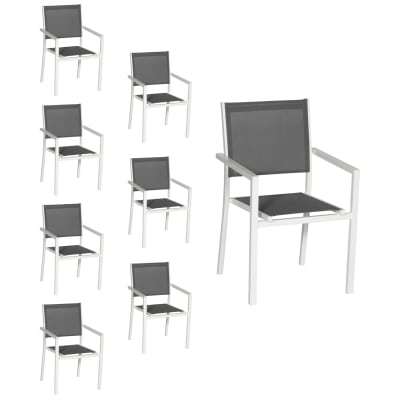 Lot de 8 chaises en aluminium blanc et textilène gris