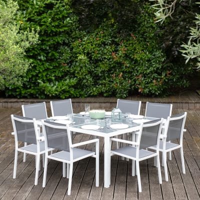 Salon de jardin 8 places en aluminium blanc et gris