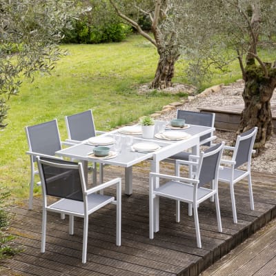 Salon de jardin 4 à 8 places en aluminium blanc et gris