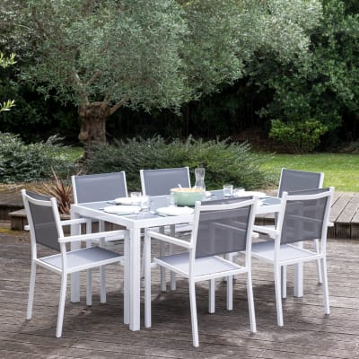 Salon de jardin 6 places en aluminium blanc et gris