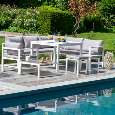 Salon de jardin 7 places en tissu gris et aluminium blanc