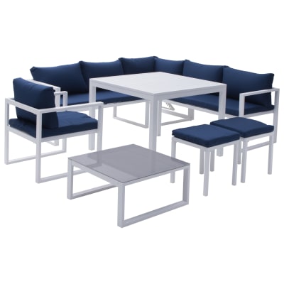 Salon de jardin 7 places en tissu bleu et aluminium blanc