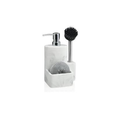 Distributeur liquide vaisselle porte éponge résine effet marbre blanc
