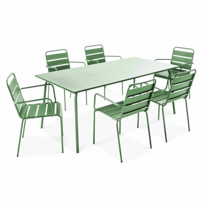 Ensemble table de jardin et 6 fauteuils en métal vert cactus