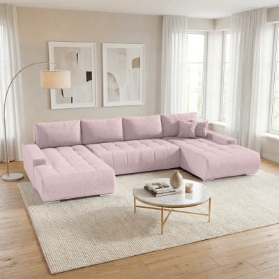 Canapé u 5 places convertible coffre panneaux agglomérés rose